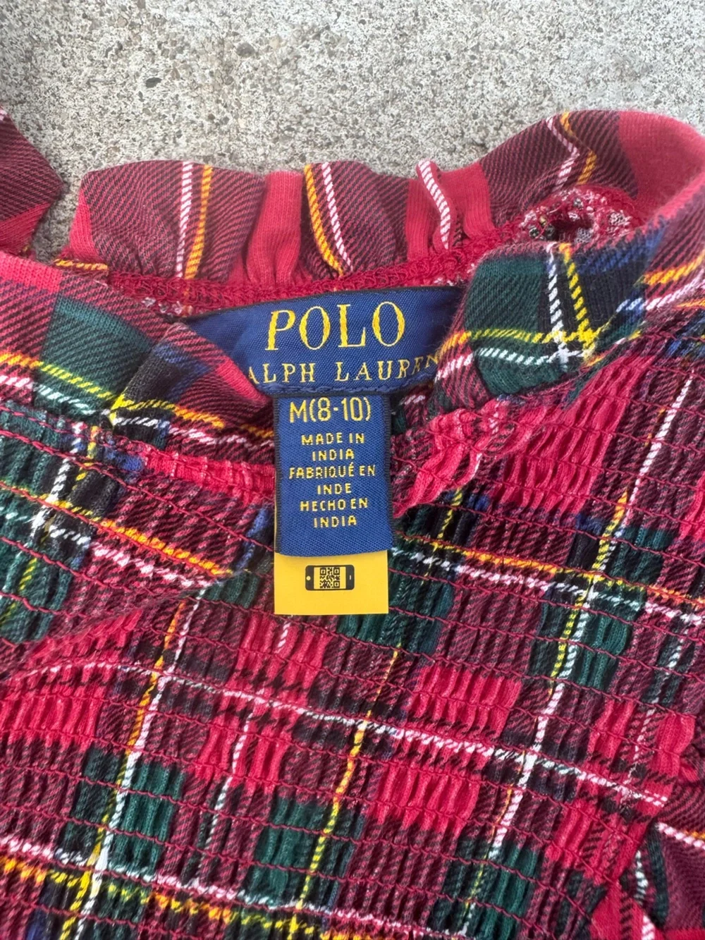 Ralph Lauren Red Green Plaid Smocked Dress with Black Waist Bow